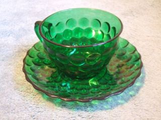 Vintage Anchor Hocking Forest Green Bubble Glass Teacup & Saucer Set