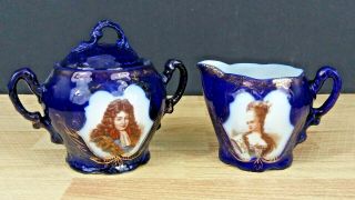 Antique Carlsbad Victoria Austria Creamer & Sugar Set Flow Blue Porcelain