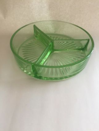 Green Depression Glass 3 Section Relish - Nut - Candy Dish