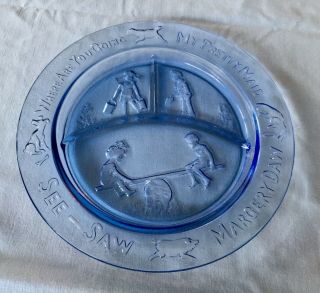 Vintage Blue Tiara Glass Child’s Divided Plate See - Saw Margery Daw.  1960s.