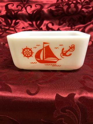 Vintage Mckee Milk Glass Refrigerator Dish Nautical White Red Sailboats No Lid