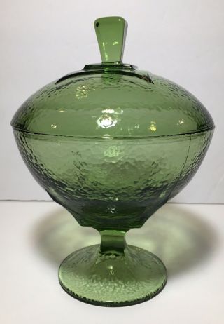 Vintage Round Green Glass Pedestal Footed Candy Dish With Lid - Textured/hammered