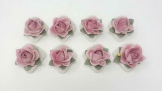 Set Of 8 Dresden Porcelain Pink Rose Place Card Holders