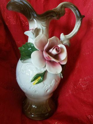 Nuova Capodimonte Pitcher Vase Pink Brown Ivory Flower Porcelain 11 "