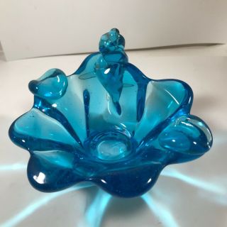 Vintage Hand Blown Art Glass Blue Swirl Ashtray