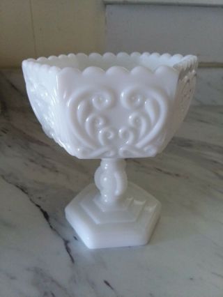 Fenton Hexagon Art Milk Glass Bowl Candy Pedestal Dish Scalloped Edges