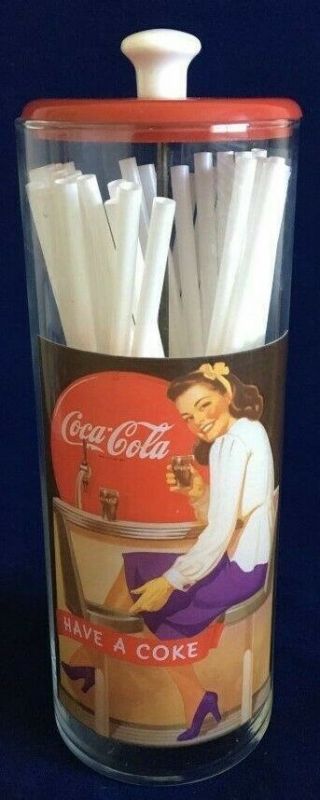 Coca Cola Straw Holder - Clear Tube - Red Top And White Handle