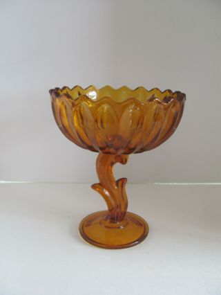 Vtg Indiana Amber Glass Compote /candy Dish W Lotus Blossom Design