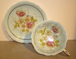 Paragon China Rose & Floral Bouquet On Blue Cup & Saucer