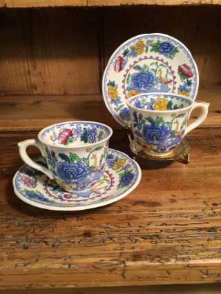Masons Regency Plantation Colonial China Demitasse Cups And Saucers England - Pair