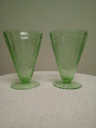 Vintage Depression Vaseline Glass 2 Large Water Tumbler Jeannette Poinsettia