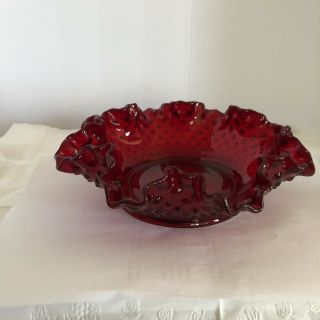 Vintag Fenton Ruby Red Hobnail Pattern Ruffled Bowl,  Candy Dish 7.  5 "