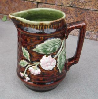 Majolica Brown Basket Weave 5 " Pitcher Jug With Pink Flowers And Green Leaves