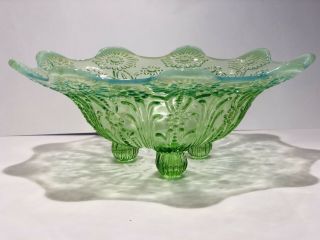 Vintage Green Etched Depression Glass Footed Bowl.