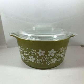 Vintage Pyrex Green Spring Blossom Crazy Daisy 473 1 Qt Casserole With Lid
