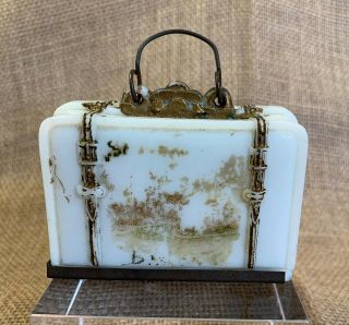 Antique Victorian Milk Glass Souvenir Candy Container Suitcase