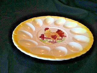 Vintage Deviled Egg Tray Plate Dish With Rooster.  White W/ Yellow Trim