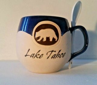 Lake Tahoe Mug & Spoon Cocoa Set With Iconic Bear Stoneware Pottery & Glaze