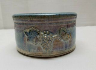 Vintage Signed Studio Art Pottery Ceramic Grape Vine Dish Bowl Blue Green Glaze