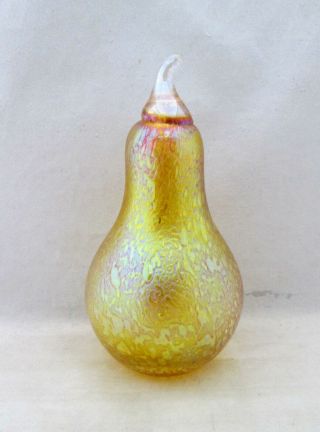 Vintage Heron Glass,  Gold/yellow Iridescent Glass Pear Paperweight,