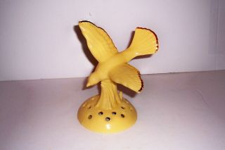 Vintage Art Pottery Flying Bird Flower Frog Yellow With Gold Trim