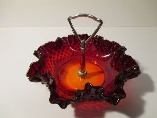 Fenton Ruby Red Amberina Hobnail Glass Candy Bowl Dish Ruffled Edge 8”
