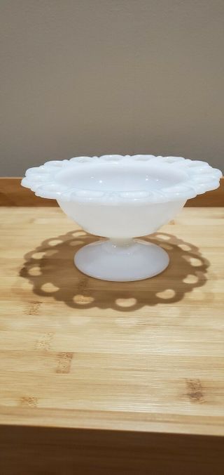 Vintage Federal White Milk Glass Lace Edged Footed Candy / Bonbon / Trinket Dish
