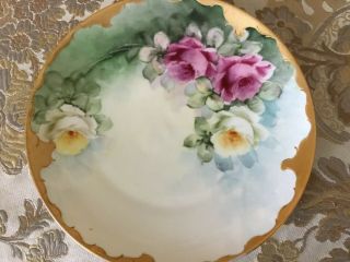 Antique M&z Austria Multi - Color Roses Hand Painted Salad Plate Gold Gilded