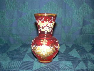 Stunning Ruby Red Venitian Murano Gilded Gold Hand Painted Vase Bohemian