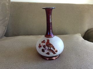 Antique Bohemian Czech Ruby Red Frosted Glass Bud Vase W/ Bird