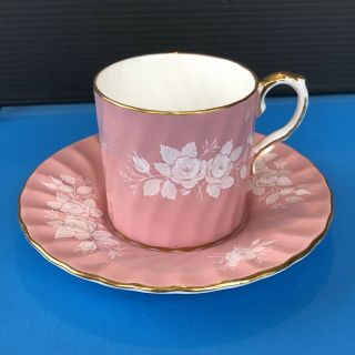 Aynsley Pink Demitasse Cup And Saucer White Roses Swirl