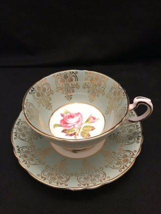 Sage Green Paragon Tea Cup And Saucer With Cabbage Rose