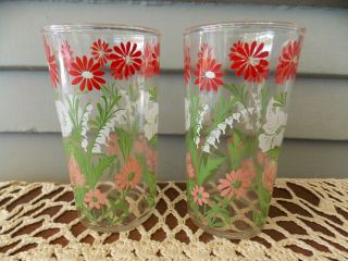 Set Of 2 Vintage Clear Glass Tumblers With Colorful Flower Design 4 3/4 " Tall