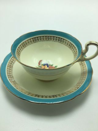 Aynsley Turquoise Blue Border Gold Pink Rose & Wildflower Tea Cup And Saucer