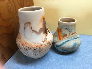 2 Vintage Nemadji Pottery USA Indian - Head Mark Vase Swirled Colorful 5 