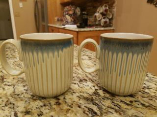 2 Denby England Blue Tan Vertical Drip Stripe Coffee Mugs Cups 3 3/4 " Tall