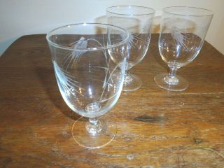 Vintage Etched Wheat Designed Glass Footed Water Goblets (3) Bar Stemware