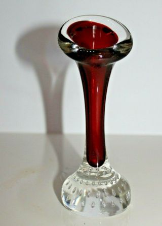 Vintage Controlled Bubble Base Glass Trumpet Bud Vase Red & Clear Glass 15cm Tal