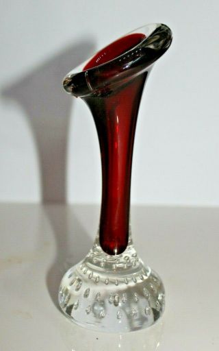 Vintage Controlled Bubble Base Glass Trumpet Bud Vase Red & Clear Glass 15cm Tal 2