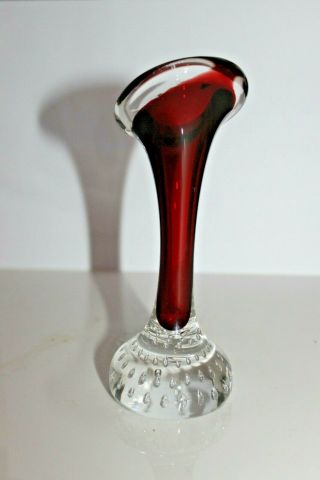 Vintage Controlled Bubble Base Glass Trumpet Bud Vase Red & Clear Glass 15cm Tal 3