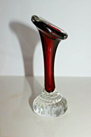 Vintage Controlled Bubble Base Glass Trumpet Bud Vase Red & Clear Glass 15cm Tal 4