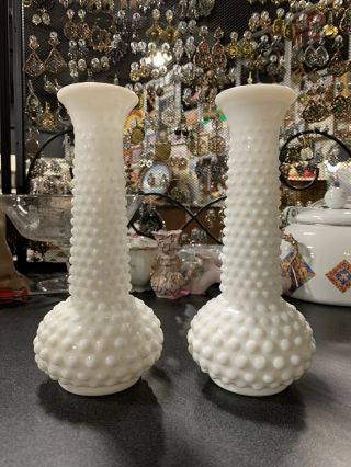 Set Of Two Vintage E.  O.  Brody Co.  Milk Glass Hobnail White Bud Vases 7 1/2 " Tall