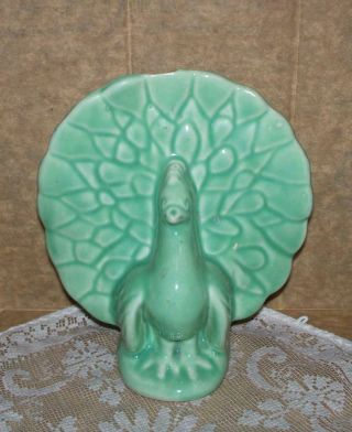 Vintage Shawnee Green Peacock Art Pottery Wall Vase