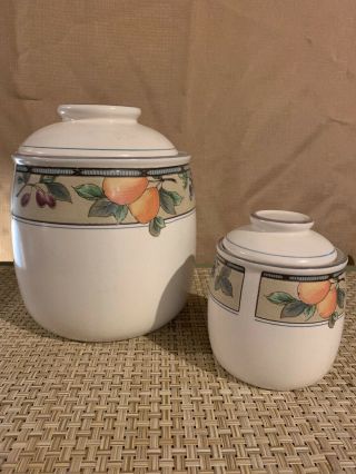 Vtg Mikasa Garden Harvest Intaglio Cookie Jar Canisters 9” Large & 5” Small