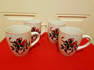 Cvs Pharmacy Holly Red Ribbon Mugs Limited Edition 4 1/4 " Tall Holiday Set Of 4