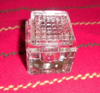 Small Vintage Square Cut Glass Inkwell With Waffle Lid