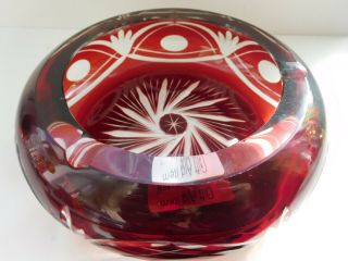 Bohemian Red Cut To Clear Glass Ash Tray With Swirling Star On Base