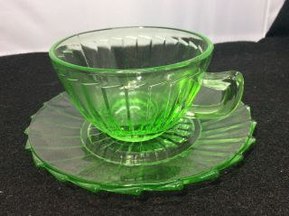 Uranium Green Depression Vaseline Glass Sierra Pinwheel Tea Cup And Saucer