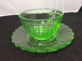 Uranium Green Depression Vaseline Glass Sierra Pinwheel Tea Cup and Saucer 2