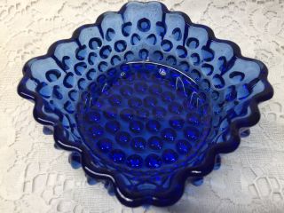 Blue Vaseline Glass Hobnail Pattern Nappy Bowl / Candy Uranium Cobalt Berry Dish